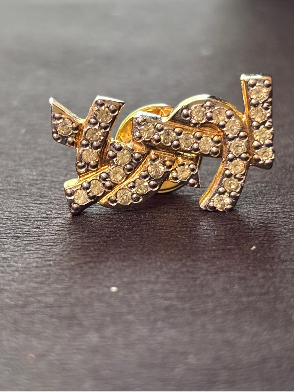 Saint Laurent Gold and Clear Crystal YSL Logo Brooch